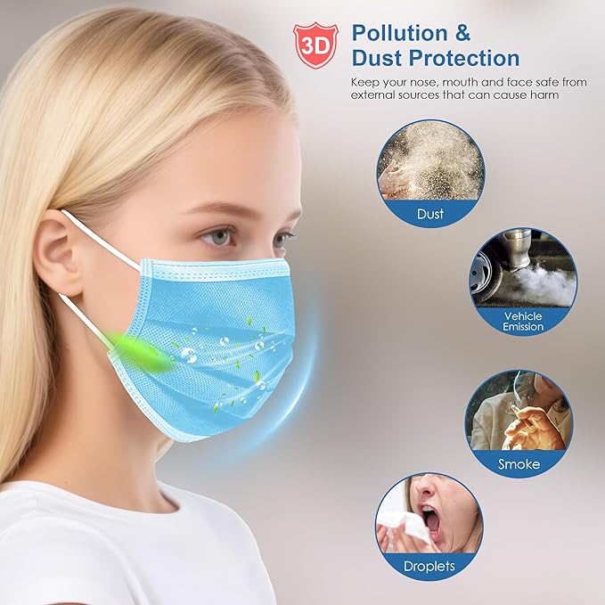 NNPCBT Blue Disposable Face Masks 100 Pack,3-Ply Breathable Mask For Adults,Great For Outdoors,Home, Office, School