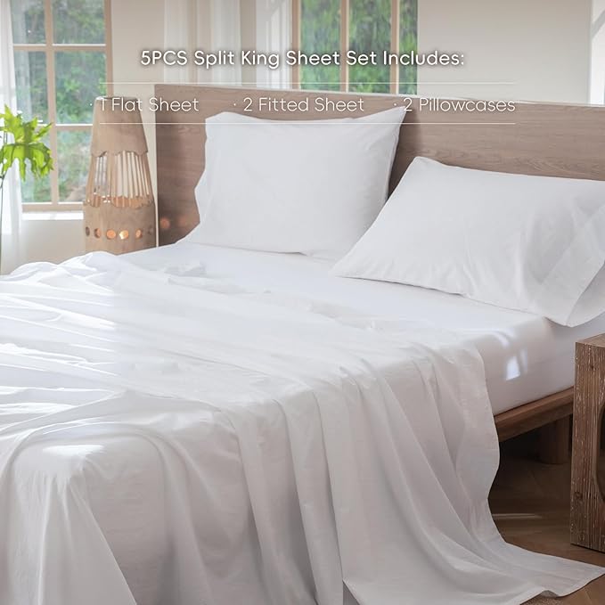MooMee Bedding Sheet Set 100% Washed Cotton Linen Like Textured Breathable Durable Soft Comfy (Solid Bright White, Split King)