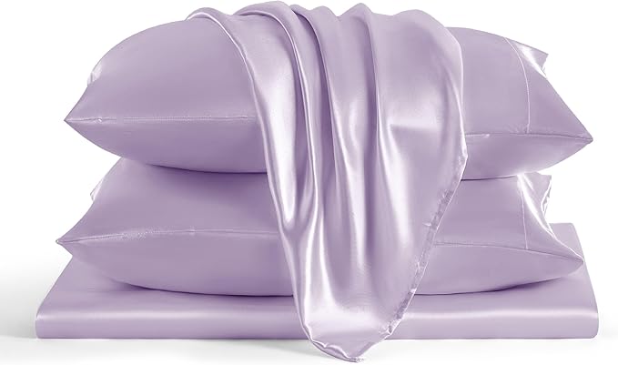 Bedsure Satin Sheets Full Size - 4 Piece Silky Bedsheets with 15 Inches Deep Pocket Fitted Bedsheet,1 Flat Sheet, 2 Satin Pillowcases, Good for Hair & Skin (Full, Lavender)