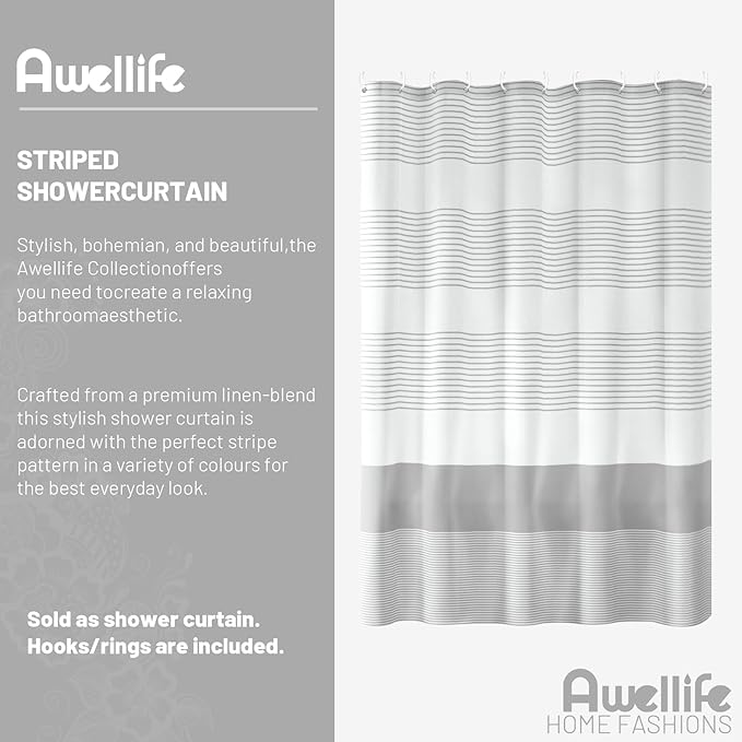 Awellife Boho Gray Shower Curtain for Bathroom Stripe Shower Curtain Boho Farmhouse Cotton Grey 72" L x 36" W