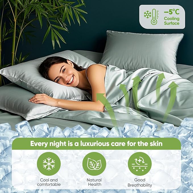 TWK Luxury Sheet Set, Genuine 100% Viscose Derived from Bamboo, Cooling & Breathable, Silky Soft, Bedding Sheets & Pillowcases (Sea Glass, Full)