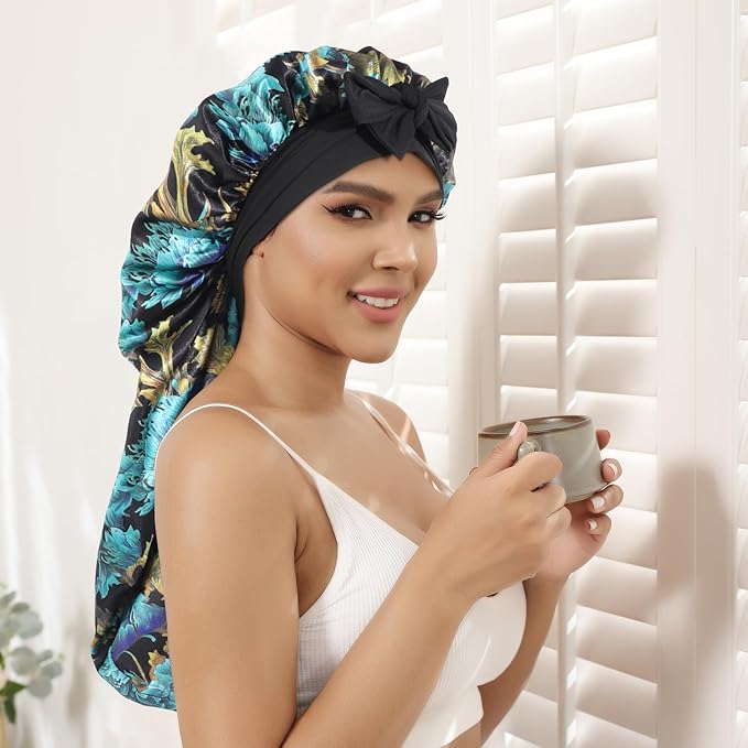 AWAYTR Long Satin Bonnet for Women - Double Layer Elastic Silk Bonnet for Braids Hair Sleeping Cap with Tie Band (Print+Black)