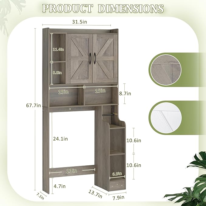 Over The Toilet Storage Cabinet with Barn Doors, Rustic Bathroom Organizer, Space-Saving Shelf for Laundry, Grey