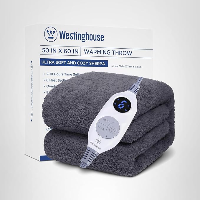 Westinghouse Electric Blanket Throw Size, Soft Plush Sherpa Heated Blanket with 6 Heating Levels & 2-10 Hours Auto-Off, Machine Washable, 50x60 inches, Darkgrey