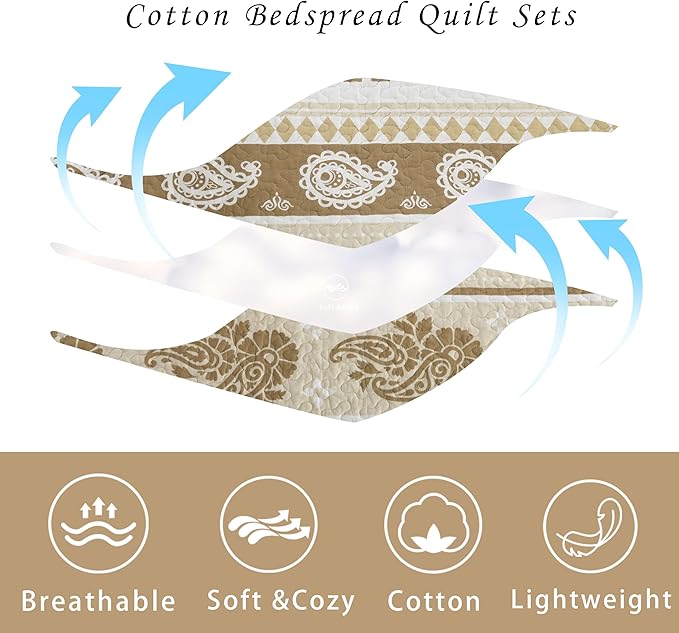 Quilt Bedding Set Queen Size, Cotton Comforters Set Queen Size, Brown Taupe Quilts Bedspread for The Bed, Farmhouse Lightweight Bedding (90 * 98 Inch) and 2 Pillow Shams All Season