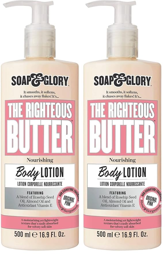 Soap & Glory Original Pink The Righteous Butter Moisturizing Body Lotion Pump - Shea Butter, Vitamin E & Aloe Vera Vegan Body Moisturizer - Rose & Bergamot Scented Lotion (500ml) (Pack of 2)