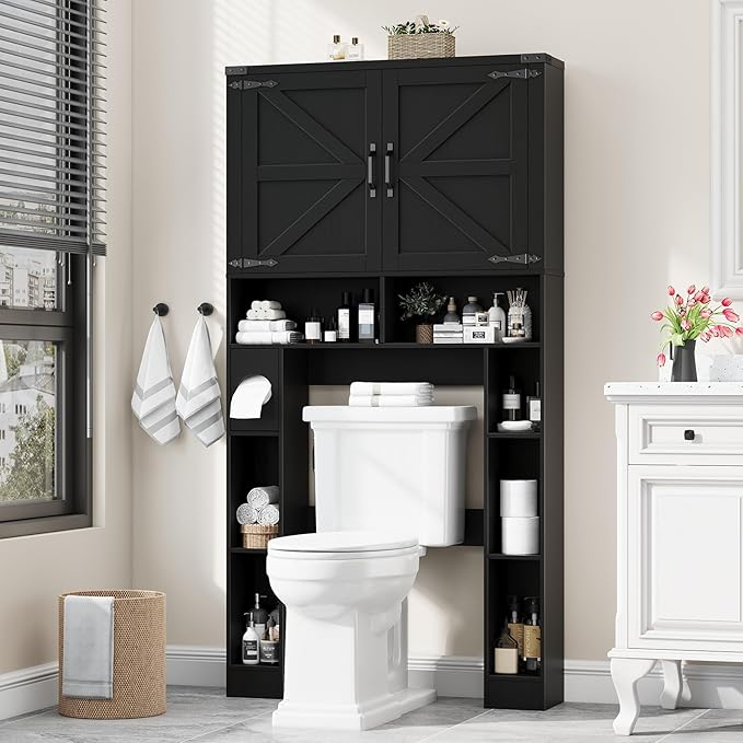 Over The Toilet Storage Cabinet, Farmhouse Storage Cabinet Over Toilet with 2 Barn Doors ，Toilet Paper Holder Stand，Home Space-Saving Toilet Rack, for Laundry, Restroom, Bathroom.Black