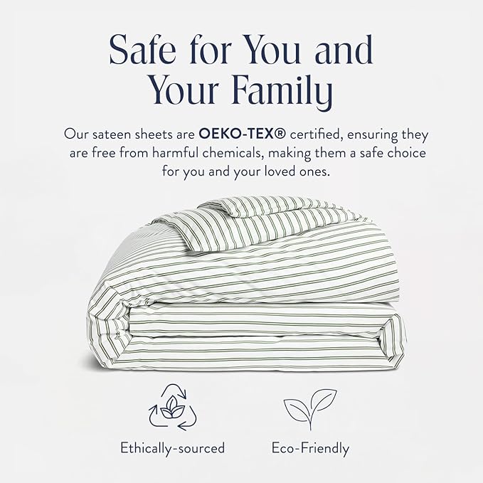 Brooklinen Luxury Sateen Duvet Cover - 100% Cotton, Full/Queen Size in Green Tandem Stripe with Extra-Long Corner Ties and Button Closure - Best Full/Queen Duvet Covers