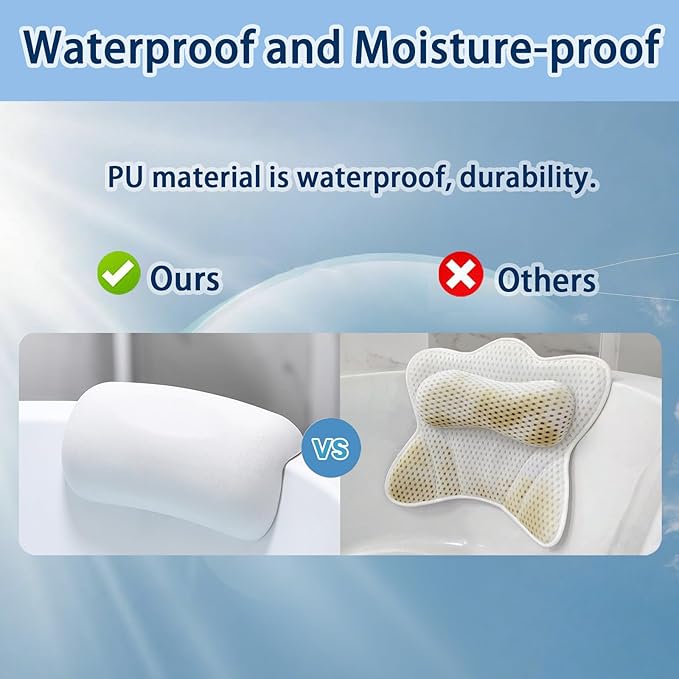 Bath Pillow Bathtub Pillow, Bath Pillows for Tub Head and Neck Support, Waterproof Bath Tub Pillows with Strong Non-Slip Suction Cups, Relaxing Bath Accessories for Soaking, Spa White