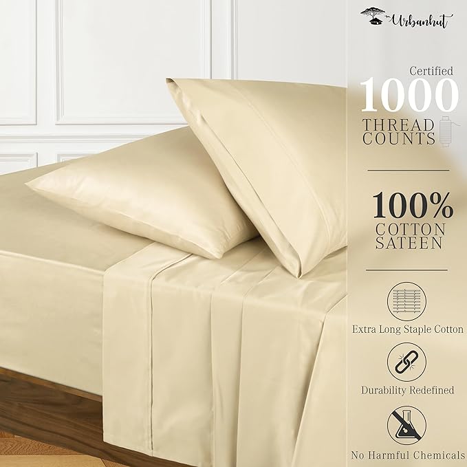 URBANHUT 100% Cotton Sheets - 1000 Thread Count California King Sand Sheet Set (4Pc), Long Staple Cotton Sheets, All Season Sateen Weave, Luxury Hotel Calking Bedsheets,16" Deep Pocket - Sand