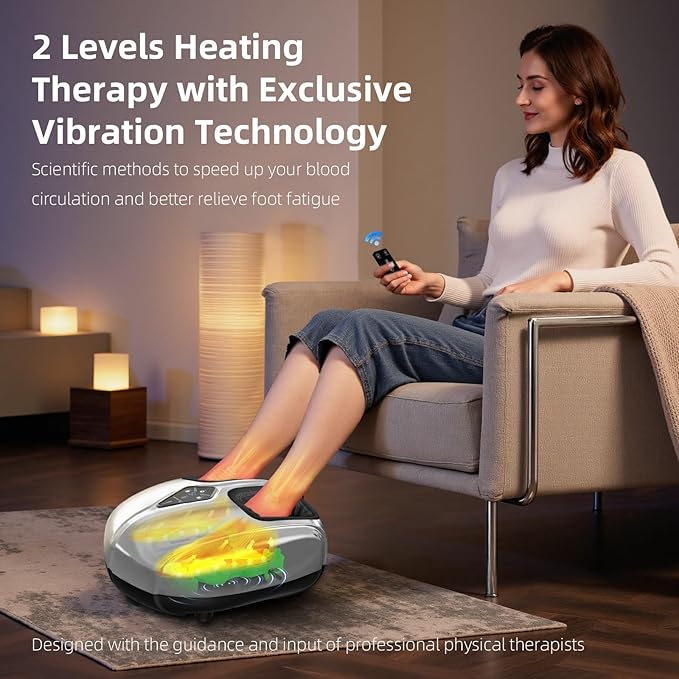 Shiatsu Foot Massager with Heat,Vibration,Air Compression and Deep Kneading for Plantar Fasciitis, Neuropathy,Improve Foot Wellness,Gifts for Women & Men（Silver）