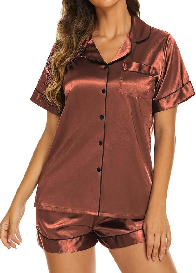 Ekouaer Pajamas for Women Set Silk Satin Pjs Shorts Sleepwear 2 Piece Loungewear S-XXL