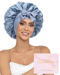 100% Mulberry Silk Bonnet for Sleeping Women Double Layer Silk Hair Bonnet Natural Silk Sleep Cap with Elastic Reversible Hair Wrap (Haze Blue + Sky Blue)