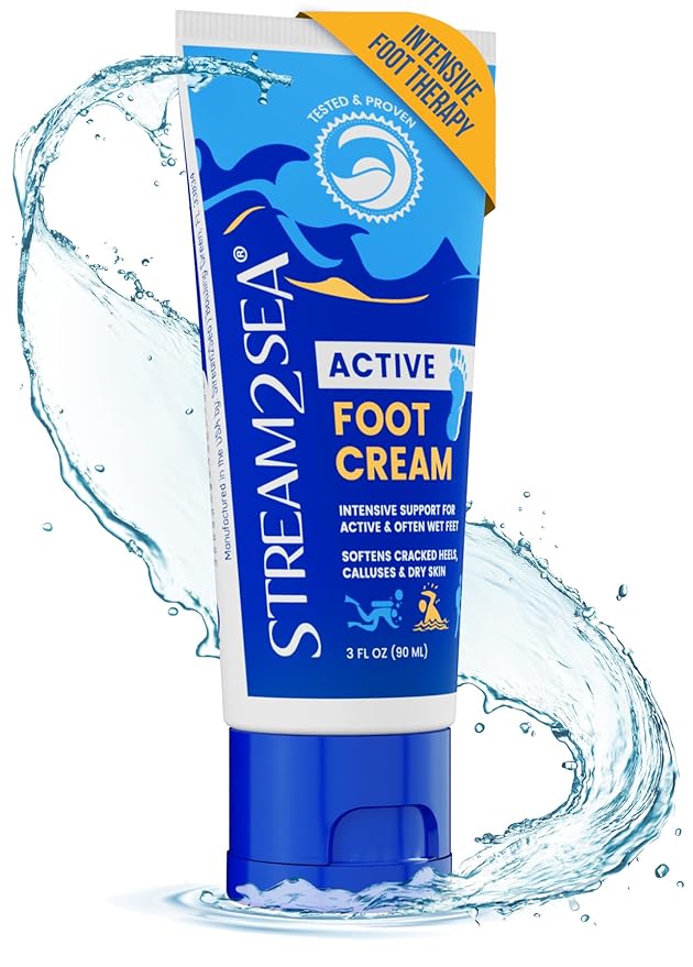 STREAM 2 SEA Active Foot Cream, Intensive Support for Active & Often Wet Feet - Softens Cracked Heels, Calluses & Dry Skin, Enriched with Neem and Tea Tree, Fast-absorbing and Non-greasy - 3 Fl oz