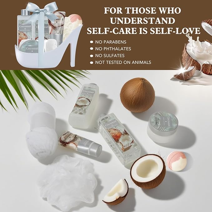Tropical Coconut Christmas Gifts for Women Spa Basket, High Heel Bath Set with Shea Butter & Exotic Oils, Mother's Day Gifts for Mom, Her, Wife