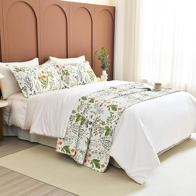 Lady Ann 100% Cotton Floral Quilt Sets Queen - Yellow Flowers & Leaves Pattern Plant Botanical Printed Quilted Bedding, 3 Pcs Lightweight Extra Soft Queen Bedspread Coverlet Set for All Season