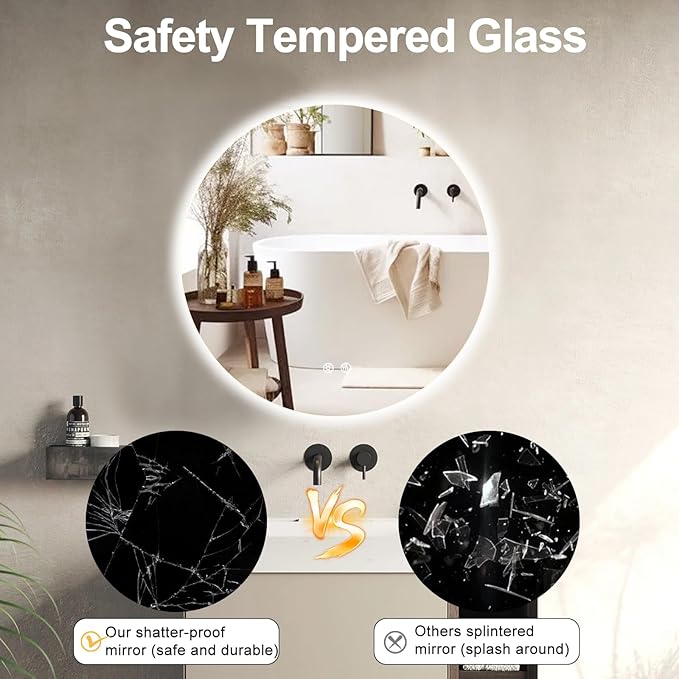 28 Inch Round LED Bathroom Mirror Backlit Anti-Fog Wall Mounted Lighted Bathroom Vanity Mirror 3 Colors Light Dimmable Smart Makeup Mirror with Touch Switch