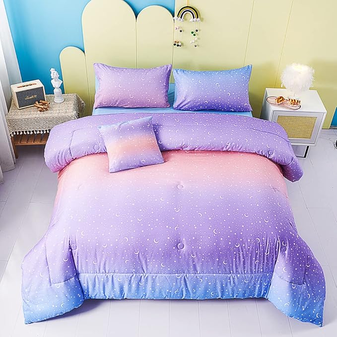 URBONUR Twin Comforter Set for Girls 6Pcs Bed in a Bag Gradient Purple Orange Blue Moon Stars Comforters Soft Lightweight Kids Bedding Set for All Season (Star, Twin Size)