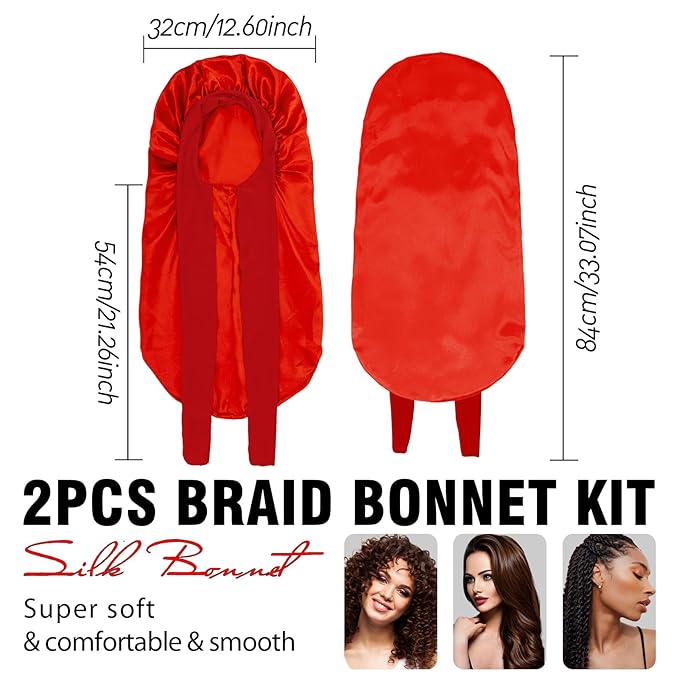 2Pcs Bonnets for Black Women Braid Bonnet, Large Long Satin Bonnet for Braids, Silk Bonnet with Stretchy Tie Band Sleep Cap Hair (2Pcs-Black&Red)