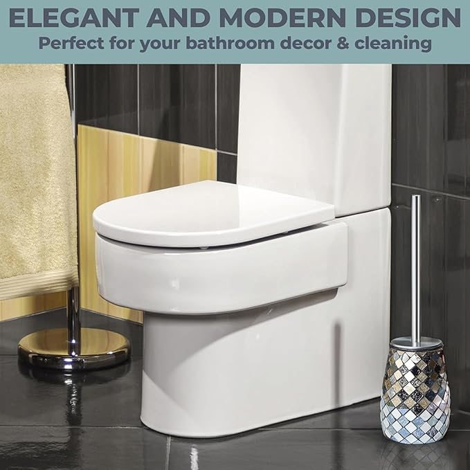 Escenzy Modern Toilet Brush and Holder Set Mosaic Glass | Non-Rustic Stainless Steel | Practical & Decorative Toilet Bowl Brush and Holder | Luxury Black and Gold Bathroom Accessories