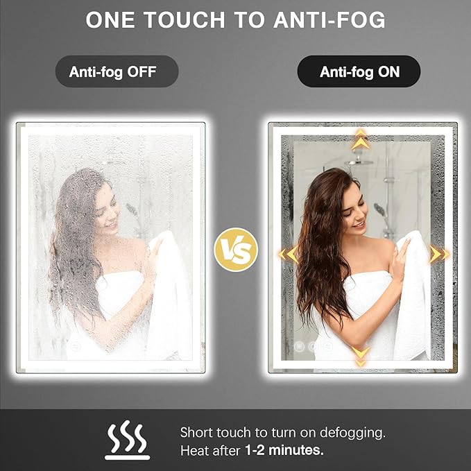 LED Mirror for Bathroom 20"x 28" with Frontlit and Backlit, Anti-Fog Mirror with Lights, Stepless 3 Colors Temperature & Dimmable Bathroom Mirror, Memory Tempered Glass Mirror for Bathroom