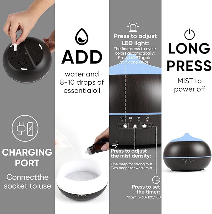HAPPTWS 500ML Essential Oil Diffuser - BPA Free Ultrasonic Aromatherapy Diffuser, with 7-Color Lights Waterless Auto Shut Off for Home、Room、pet Room - Black