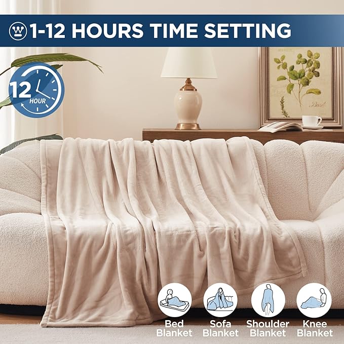 Westinghouse Electric Blanket Full Size, Super Cozy Soft Flannel 80"" x 84"" Heated Blanket with 10 Fast Heating Levels & 1-12 Auto-Off, Machine Washable, ETL&FCC Certification, Beige
