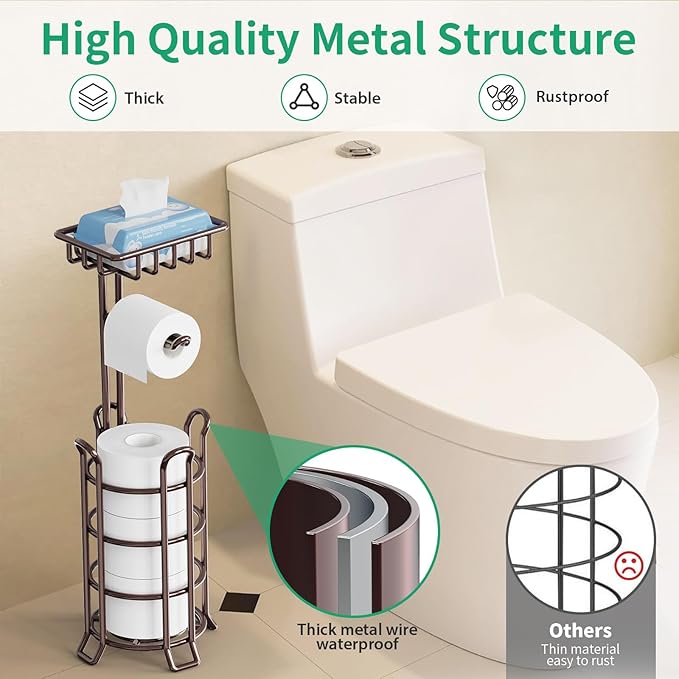 TomCare Toilet Paper Holder Upgraded Toilet Paper Stand with 4 Raised Feet Metal Free Standing Tissue Paper Roll Dispenser with Storage Shelf Sturdy Bathroom Accessories (Bronze)