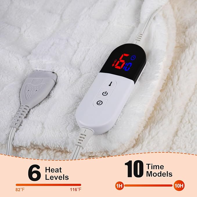Electric Blanket Dual Control, Heated Blanket Flannel with 6 Heat Levels, 10 Time Settings, Soft Thicken Heating Blanket with ETL Certification, White, 84"× 90"