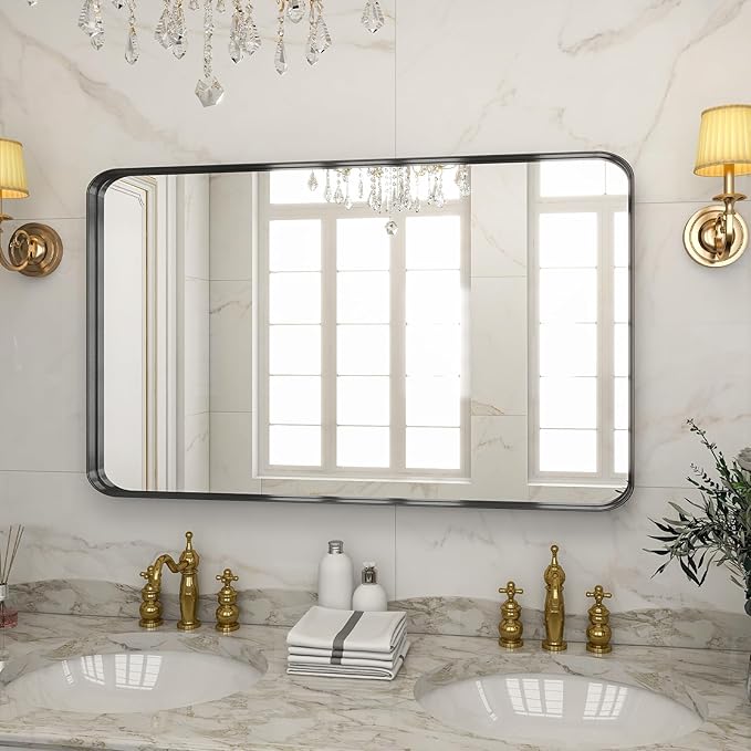 VooBang Bathroom Mirror 30x48 inch, Black Gorgeous Deep Frame Wall Mirror, Modern Round Corner Bathroom Vanity Mirror for Bedroom, Living Room, Hanging or Leaning Horizontal or Vertical, Black