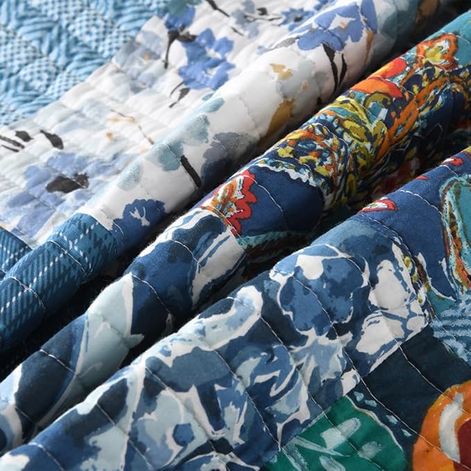Autumn Dream Cotton Bedspread Quilt Sets Reversible Bedding Coverlet Sets, Luxury Vintage Paisley Floral Patchwork Blue Bedspread, King Size