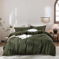 Olive Green Duvet Cover Oversize Queen Size, 100% Washed Cotton Bedding Set Cover 1 Duvet Cover 98inch x 98inch with Zipper Closure and 2 Pillowcases, Olive Green