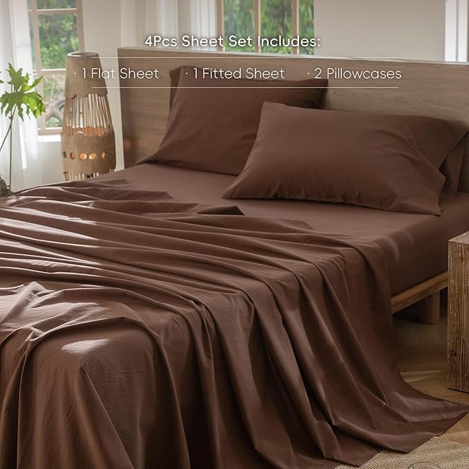 MooMee Bedding Sheet Set 100% Washed Cotton Linen Like Textured Breathable Durable Soft Comfy (Solid Cocoa Brown, Twin XL)