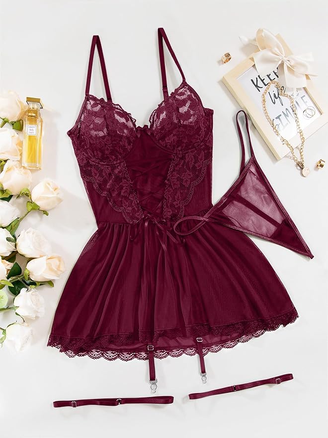 Lilosy Sexy Garter Belt Mesh Lace Babydoll Lingerie Dress Set with Thong
