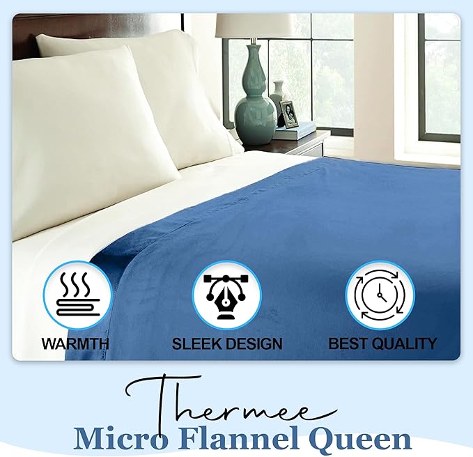 Thermee Micro Flannel King-Size All Seasons Lightweight Sheet Blanket, Machine Wash & Dry, No Pilling, 108Lx90W, Country Blue