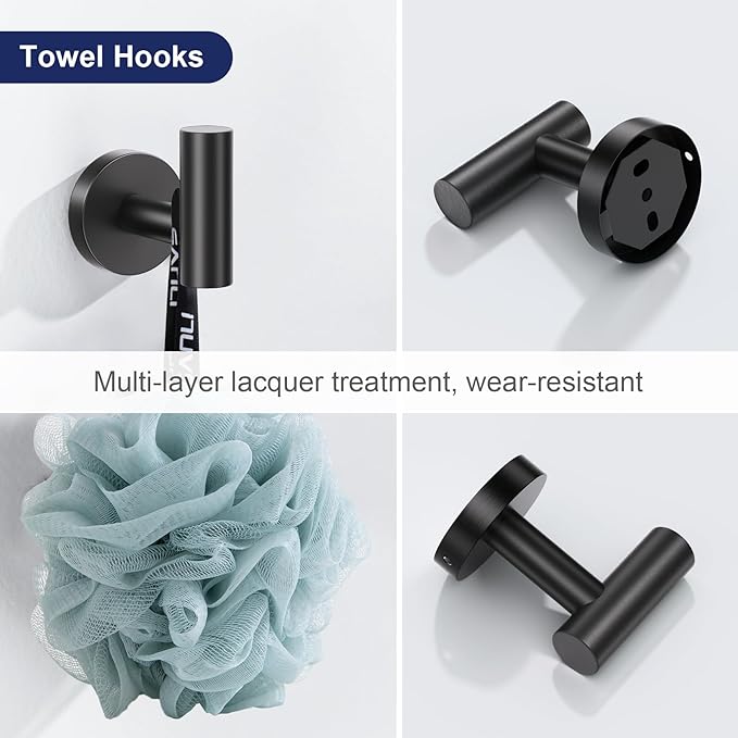 Lairuier 5 Pieces Matte Black Bathroom Accessories Set, 23.6 Inch Bath Towel Bar Set, SUS304 Stainless Steel Bathroom Hardware Set Round Toilet Paper Holder Set Wall Mounted