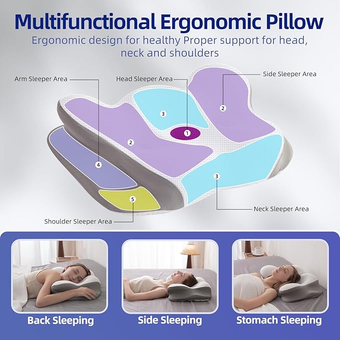 Cervical Neck Pillow for Sleeping, Dual-Height Contour Pillow for Neck Pain Relief, Butterfly Ergonomic Memory Foam Neck Support Pillow with Cooling Breathable Cover for Side Sleepersr, Queen White