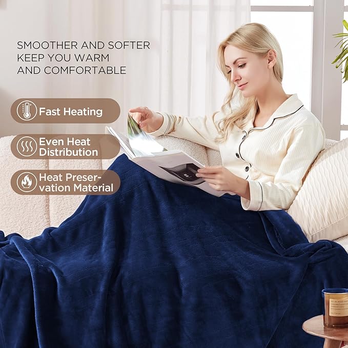 Westinghouse Heated Blanket Throw, Electric Throw with 6 Heating Levels, 2-10 Hours Time Settings, Overheat Protection, Machine Washable, Flannel (Throw, 50x60 Inches, Navy Blue)