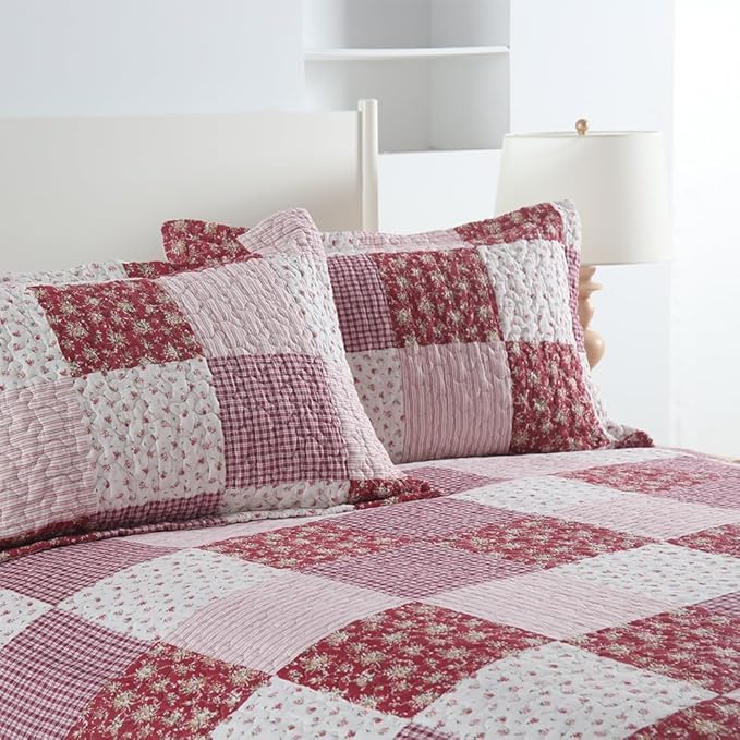 ENASAL Cotton Bedspread Quilt Bedding Sets Reversible Coverlet Sets Comforters Plaid Floral Red White Patchwork Pattern Bedspread for All Season, King Size
