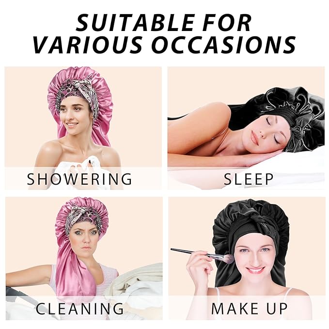 2Pcs Bonnets for Black Women Braid Bonnet, Large Long Satin Silk Bonnet for Braids,Black Women Braid Bonnet with Stretchy Tie Band for Sleeping Extra Long (Black & Pink Pattern)