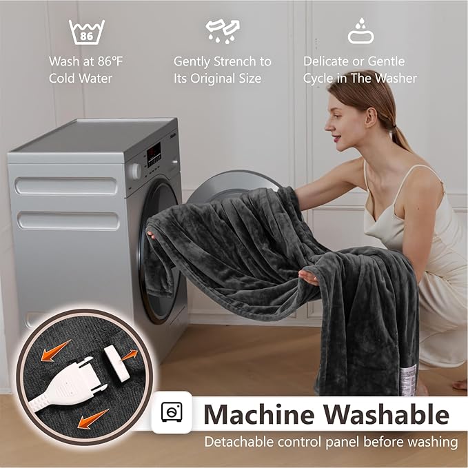 Wapaneus Heated Blanket Electric Blanket 62" x 84" Twin Size with 10 Heating Levels and 12 Hours time Settings, Flannel Fast-Heating Electric Blanket, ETL Listed, Machine Washable, Dark Grey
