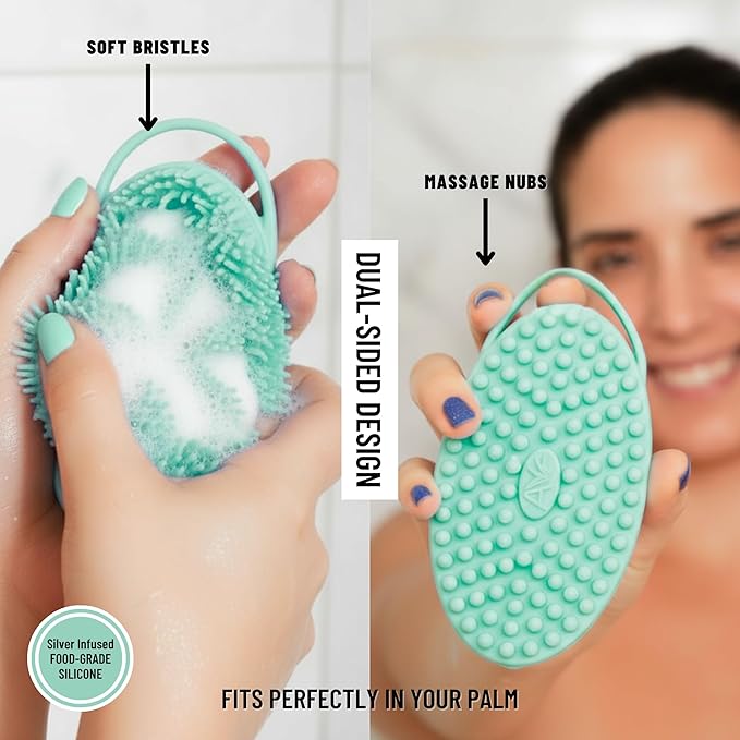 Silver Infused Silicone Body Scrubber Shower - Gentle Back Scrubber Soft Bristles - Avilana Premium Dual Sided Bath Brush Massage - Advanced Material Loofah Alternative - Gift Women Men