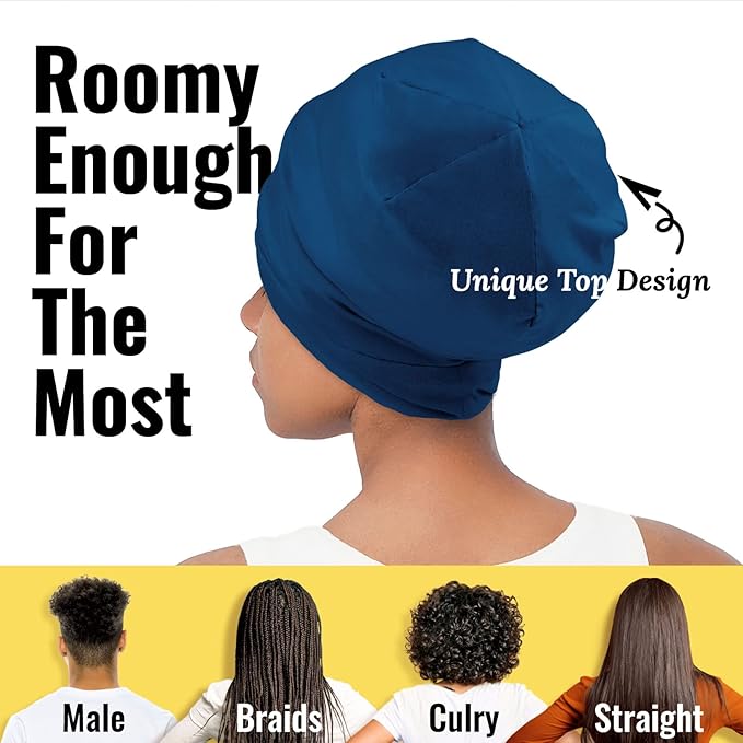 Satin Lined Sleep Cap Bonnet for Curly Hair and Braids, Stay On All Night Hair Wrap with Adjustable Strap for Women and Men, Bijou Blue, Pack of 1