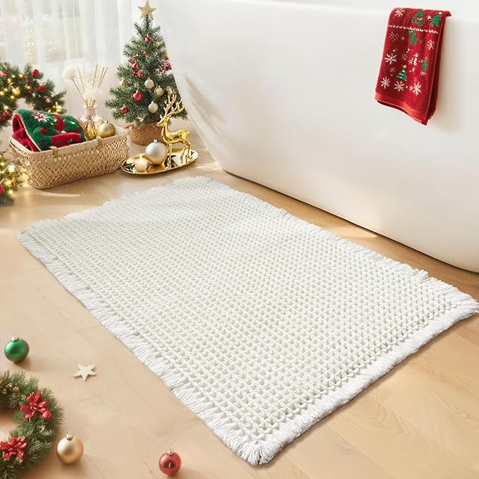 White Bathroom Rugs, Waffle Bath Mat Non Slip Washable, Super Absorbent & Quick Dry, Small Boho Bath Mat Farmhouse Bathroom Decor, 18'' x 30'', White