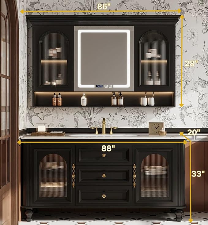 Freestanding Bathroom Vanity with Sink, Solid Wood Bathroom Vanity Set, Vintage Bathroom Vanities with Large Capacity Storage Cabinet and Open Shelf, Elegant Vanities (Black,88")
