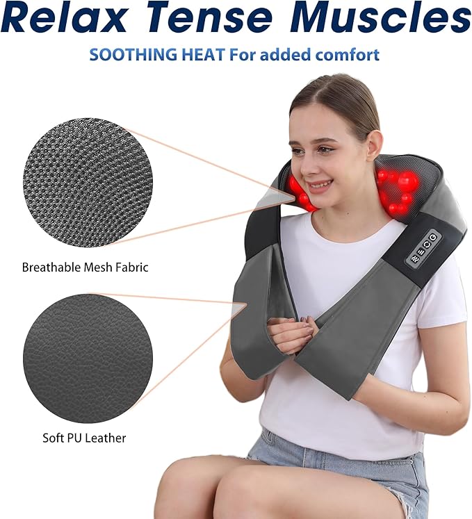 Grey Shiatsu Neck and Back Massager with Heat, Electric Deep Tissue Kneading Neck and Shoulder Massage, Best Gifts for Women Men Mom Dad Mothers Fathers Day Birthday Gift (NOT Cordless)