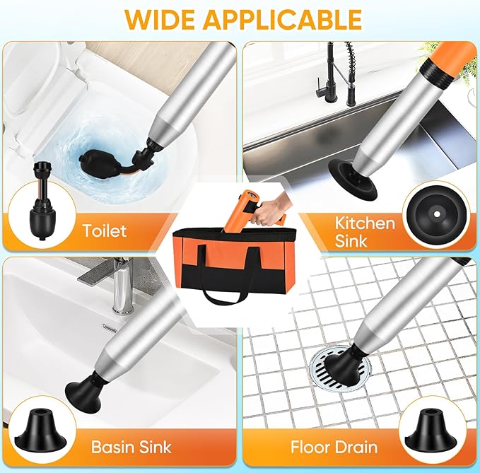Electric Toilet Plunger, High Pressure Toilet Snake Drain Clog Remover, Splash-Free Unclogger with Drain Snake Auger, Plungers for Bathroom Heavy Duty, Versatile Air Blaster Unclogger Kit (Orange)