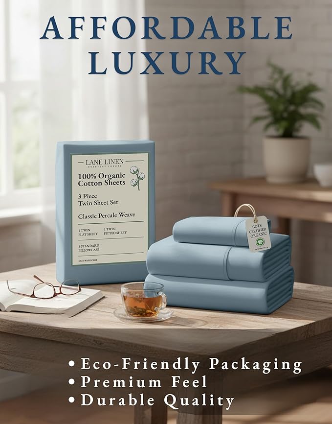 LANE LINEN 100% Organic Cotton Twin Bed Sheet Set, Mercerized Fully Elasticized Eco Friendly Sustainably Produced Bedding Sheets & Pillowcase Set, 15" Deep Pocket Twin Sheets - French Blue