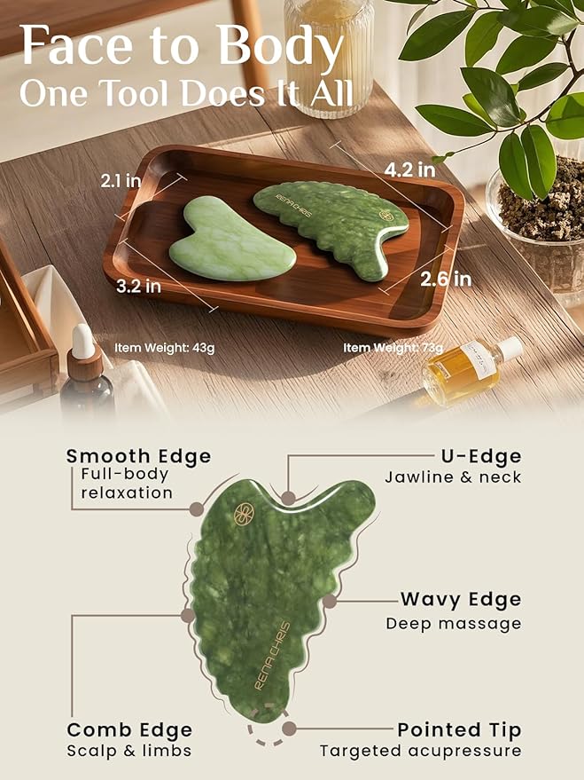 Rena Chris Body Gua Sha Tools, Natural Xiuyan Jade Guasha Tool, Manual Massage Sticks for Jawline Sculpting and Puffiness Reducing, Whole Body Skin Care Massager (Green)