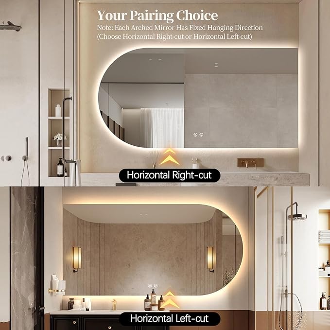 Arched LED Bathroom Mirror, 55"x28" Arch Framless Backlit Mirror with Lights Anti-Fog Dimmable Smart Frameless 3-Color Lighted Vanity Mirror Memory Waterproof, UL Listed, Horizontal-Right